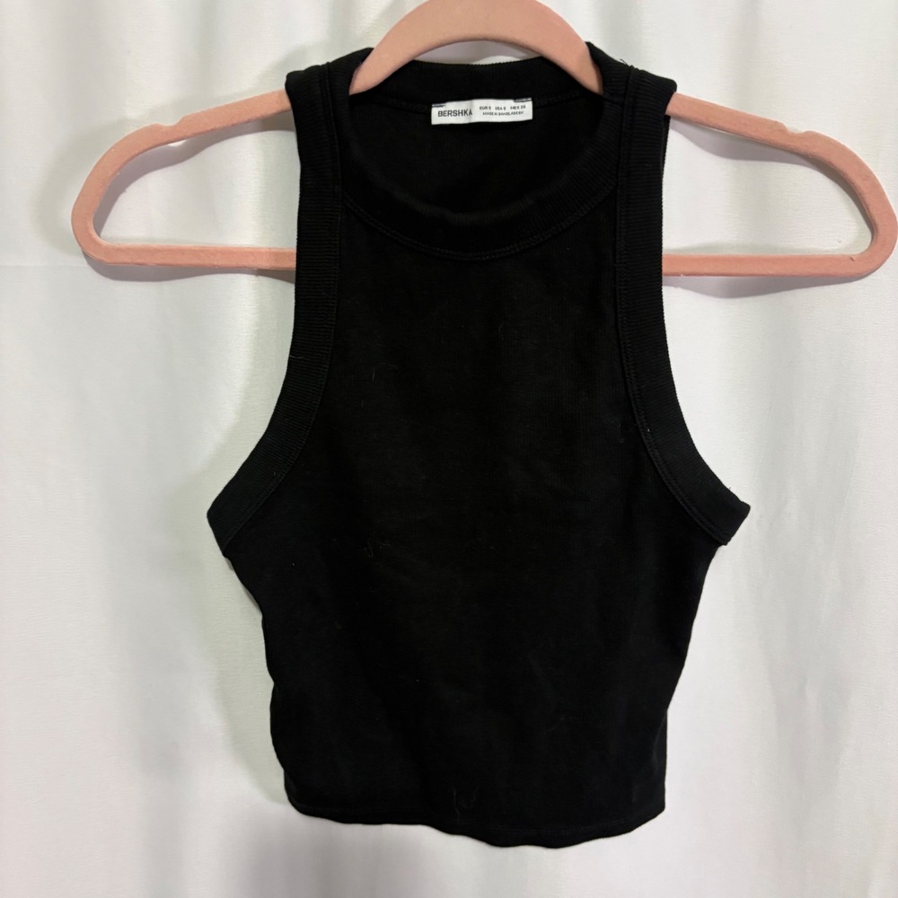 Bershka Womens Black Ribbed Knit High Neck Racerback Crop Tank Top Size Small